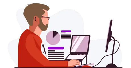 Imagem com filtro roxo de um homem sentado assistindo um curso em vídeo Descola no computador