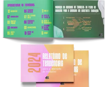 Na imagem, dois livros sobrepostos são apresentados. O livro ao fundo tem uma capa verde-água com texto branco e detalhes rosa choque, listando tópicos de tendências. O da frente apresenta um degradê de rosa para laranja, destacando o ano 2024 e o título 'RELATÓRIO DE TENDÊNCIAS para o mercado de trabalho', abaixo do qual está o logotipo da Descola. Não há figuras humanas ou lupas visíveis.